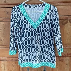 Barbara Gerwit Navy & Teal Geometric V-Neck Long Sleeve Top